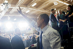 October 17, 2012 - Mount Vernon, IA: President Barack Obama waves to supporters after a campaign event at Cornell College in Mount Vernon, IA.  (Scout Tufankjian for Obama for America/Polaris)
