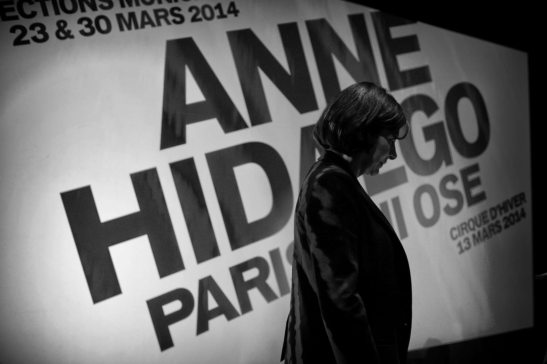 March 13, 2014.  PARIS, FRANCE- Mayoral candidate Anne Hidalgo does a technical run through before her big rally at Paris' historic Cirque d'Hiver.  For the first time in France's history, Paris will have a woman as a mayor - either Socialist Anne Hidalgo or Center-Right Nathalie Kosciusko-Morizet.  Photo by Scout Tufankjian