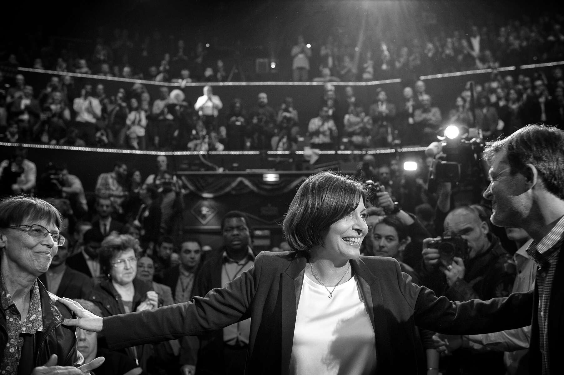 March 13, 2014.  PARIS, FRANCE- Mayoral candidate Anne Hidalgo greets friends and supporters at her big rally at Paris' historic Cirque d'Hiver.  For the first time in France's history, Paris will have a woman as a mayor - either Socialist Anne Hidalgo or Center-Right Nathalie Kosciusko-Morizet.  Photo by Scout Tufankjian