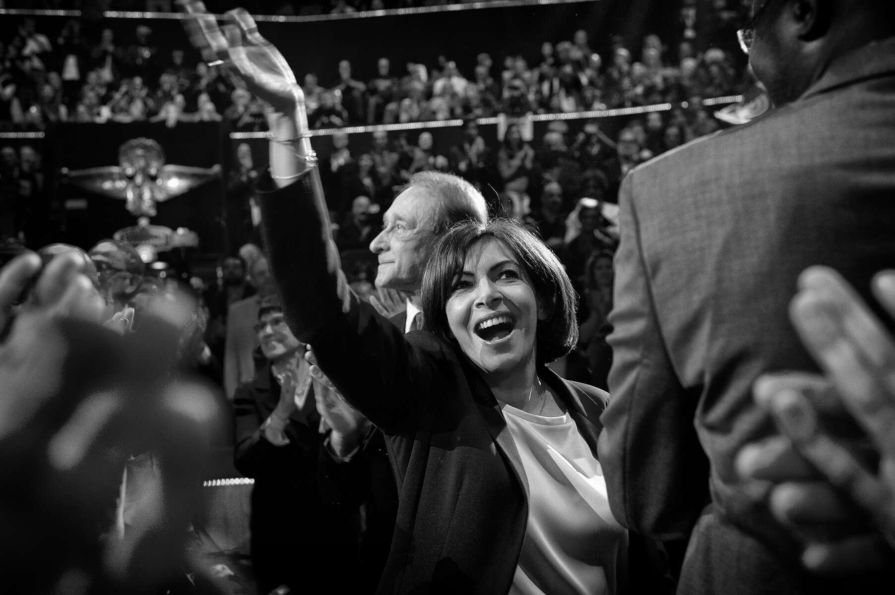 March 13, 2014.  PARIS, FRANCE- Mayoral candidate Anne Hidalgo greets friends and supporters at her big rally at Paris' historic Cirque d'Hiver.  For the first time in France's history, Paris will have a woman as a mayor - either Socialist Anne Hidalgo or Center-Right Nathalie Kosciusko-Morizet.  Photo by Scout Tufankjian
