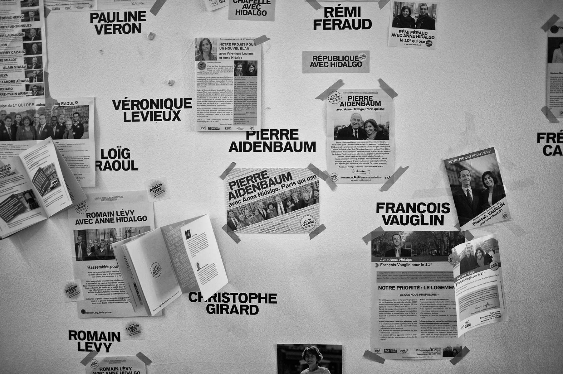 March 16, 2014.  PARIS, FRANCE- The walls of Anne Hidalgo's main headquarters in Paris' Bastille neighborhood have been heavily decorated by her young staffers.   For the first time in France's history, Paris will have a woman as a mayor - either Socialist Anne Hidalgo or Center-Right Nathalie Kosciusko-Morizet.  Photo by Scout Tufankjian