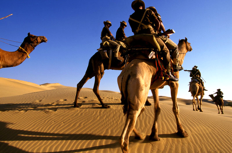 Mounted camel Border Security Force (BSF) patrol along the Indo-Pakistan Thar desert border. 1998