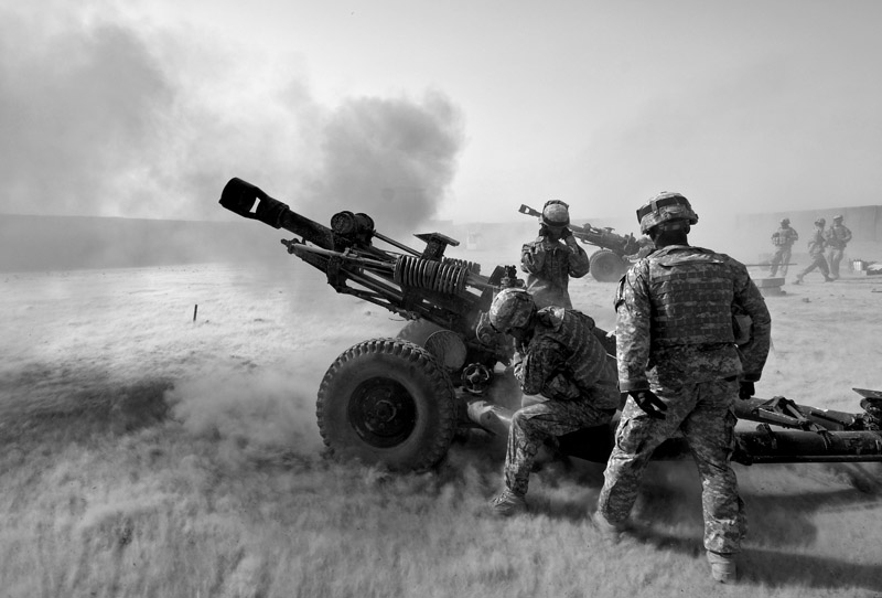 Nato artillery fire upon Taliban positions in Helmand, Afghanistan.