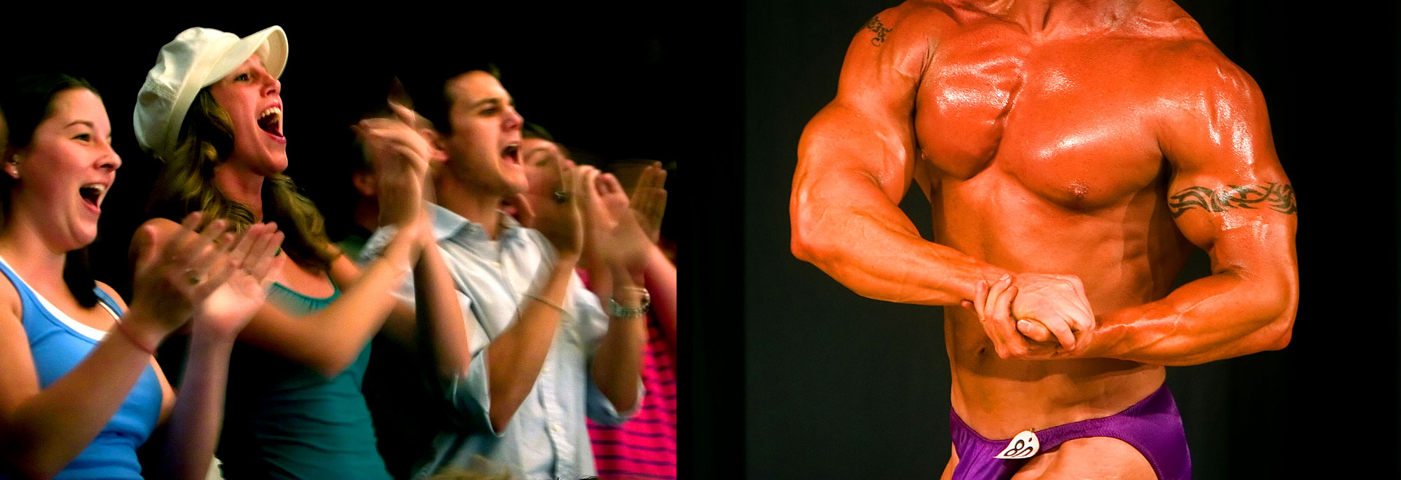 Left image: Fans cheer on their favorite competitor at the Potomac Cup bodybuilding competition in Woodbridge, VA. Right image: Stevens Martinson traveled from Louisiana to compete in the open heavyweight division of the Potomac Cup bodybuilding competition in Woodbridge, VA.