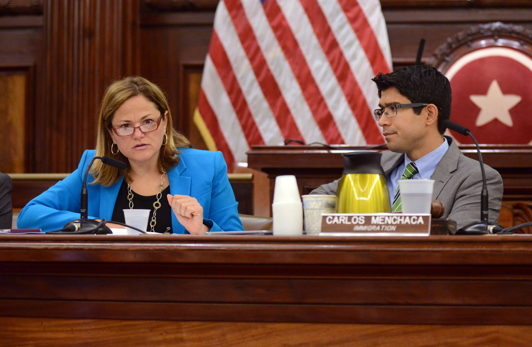 New York City Council hearings on immigration - Monday September 29, 2014City Council Speaker Melissa Mark Viverito, left, and Carlos Menchaca, Council Member and Chair of the Committee on Immigration.