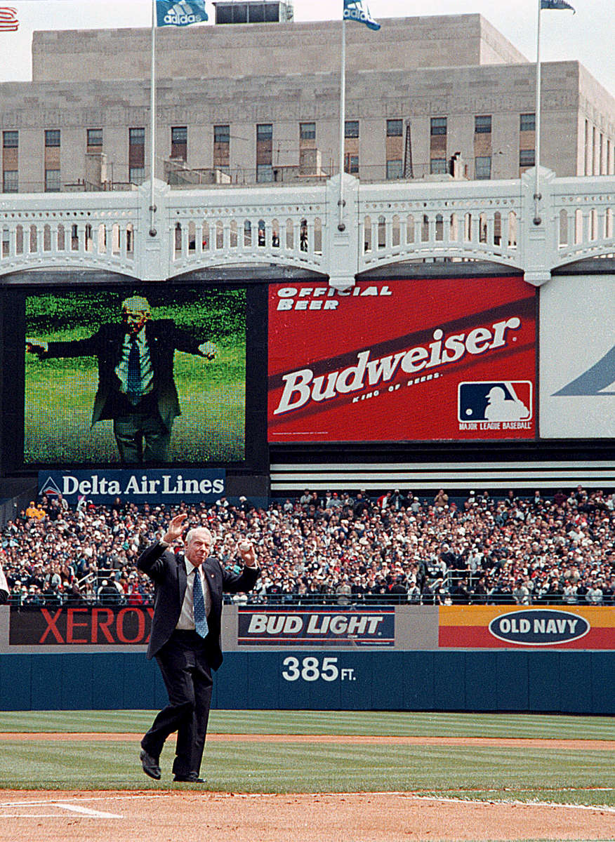 Joe DiMaggio Throws out the First Ball - Yankee Stadium, April, 1998 Bronx Supreme Court in Background