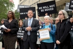 New York City Council member Brad Lander, second from left, in front of Brooklyn Supreme on Monday May 18, 2015 denounces the NYS Department of Health for abandoning 90 year olds in moment of need.At left is NYC Public Advocate Letitia James.  At right is Judith Goldiner of the Legal Aid Society who is the lead attorney. 
