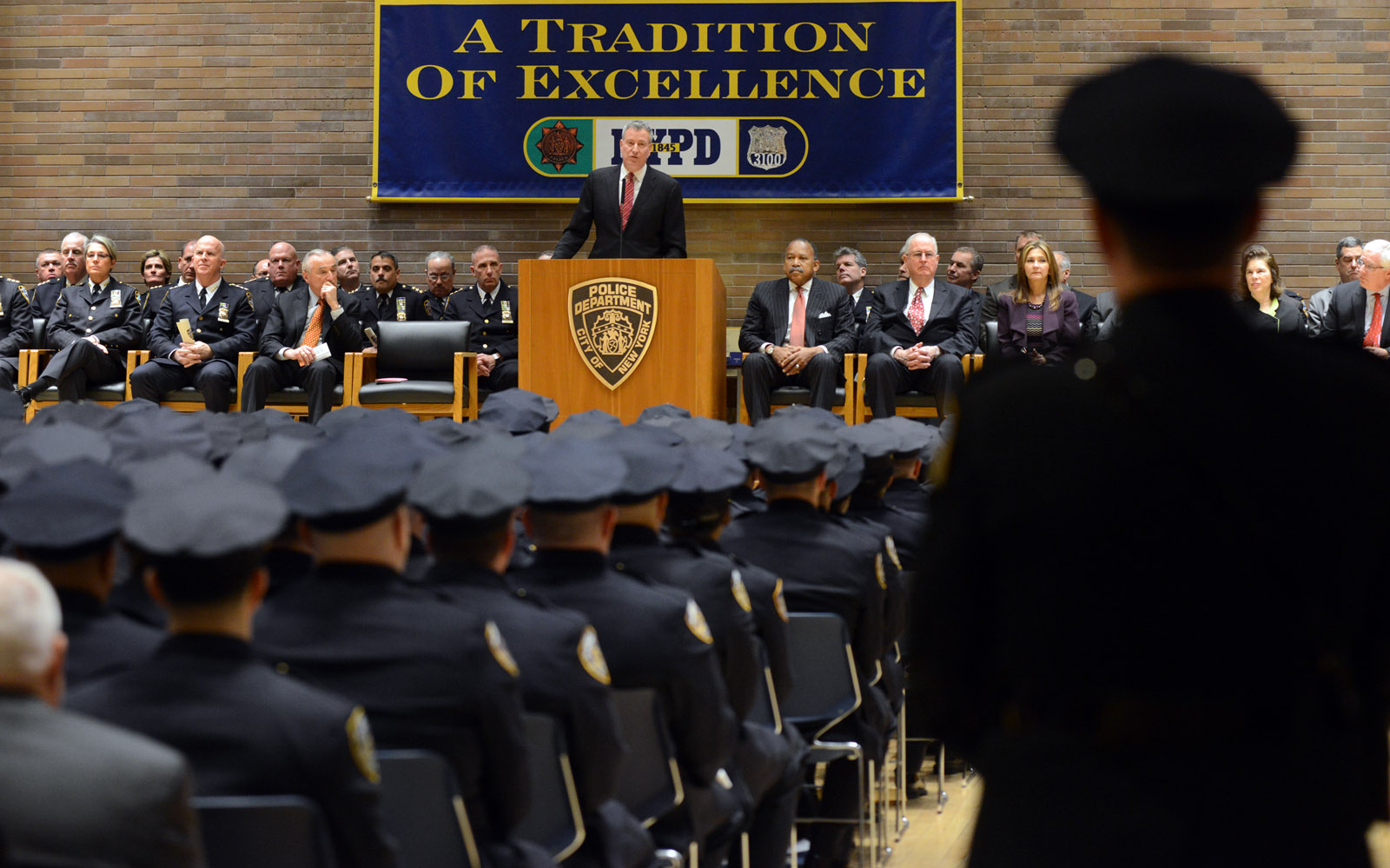 NYC Mayor Bill deBlasio speaks at a promotion ceremony of Police Officers at NYPD Headquarters on Friday December 19, 2014