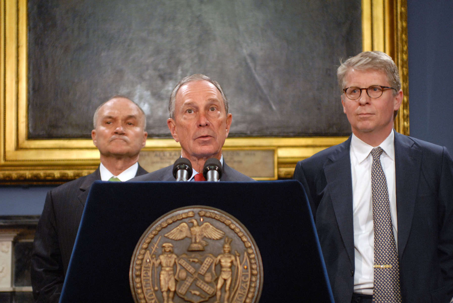Mayor Michael R. Bloomberg, center, announces arrests in terror cases at a press conference at City Hall Thursday May 12, 2013.Left is NYC Police Commissioner Raymond W. Kelly. at right is Manhattan District Attorney Cyrus R. Vance Jr. 
