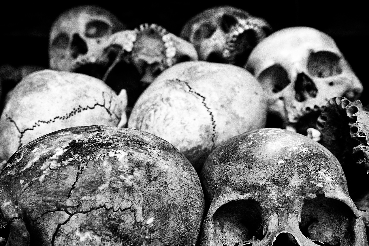 Thousands of human skulls lay in the Genocide museum as a reminder of Khmer Rouge genocide.