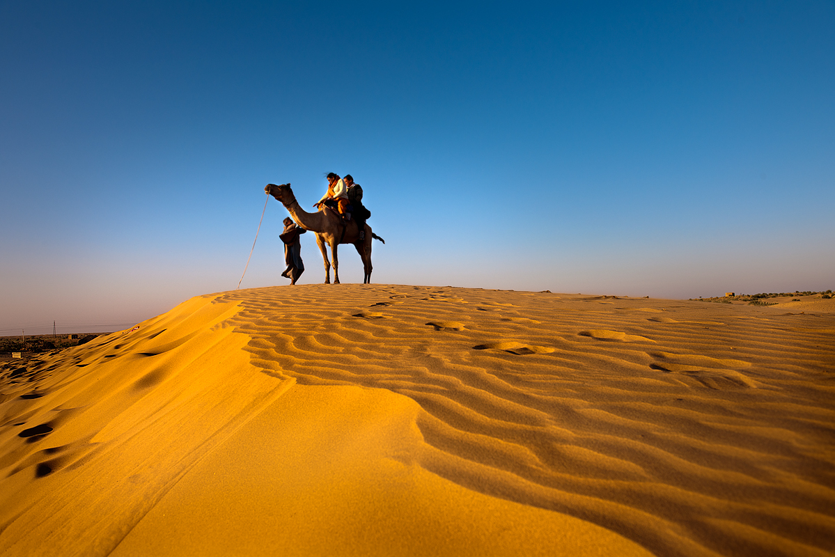 Thar desert, Jaisalmer. Thar desert covers some 77,000 sq mi (200,000 sq km), it is bordered by the Indus River plain, the Aravalli Range, and the Punjab plain.
