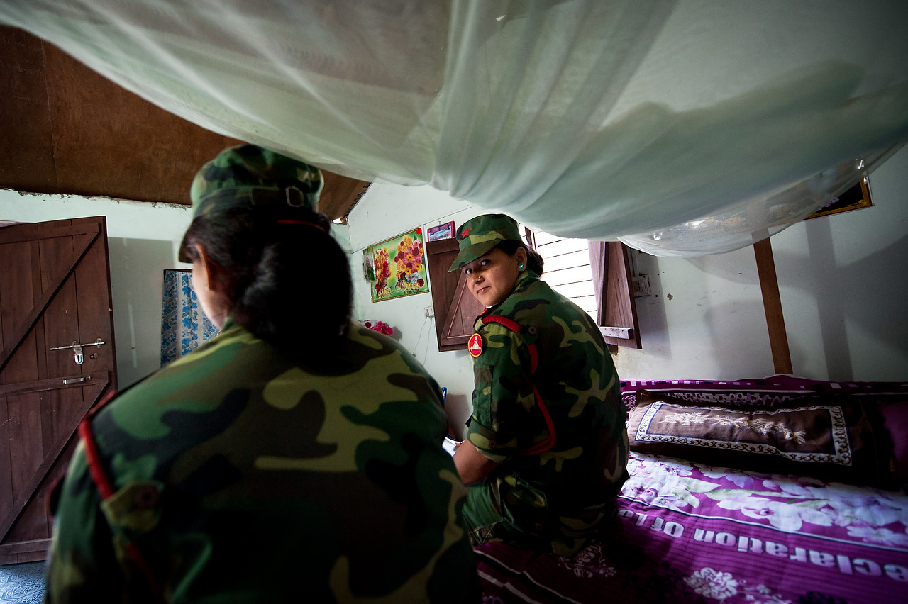 PLA female fighters in their dormitory upon return from training in Lishengam memorial brigade conatonment in Kilali in far western region of Nepal. Some 6,000 female fighters waiting to be intergrated in the Nepal Army. 