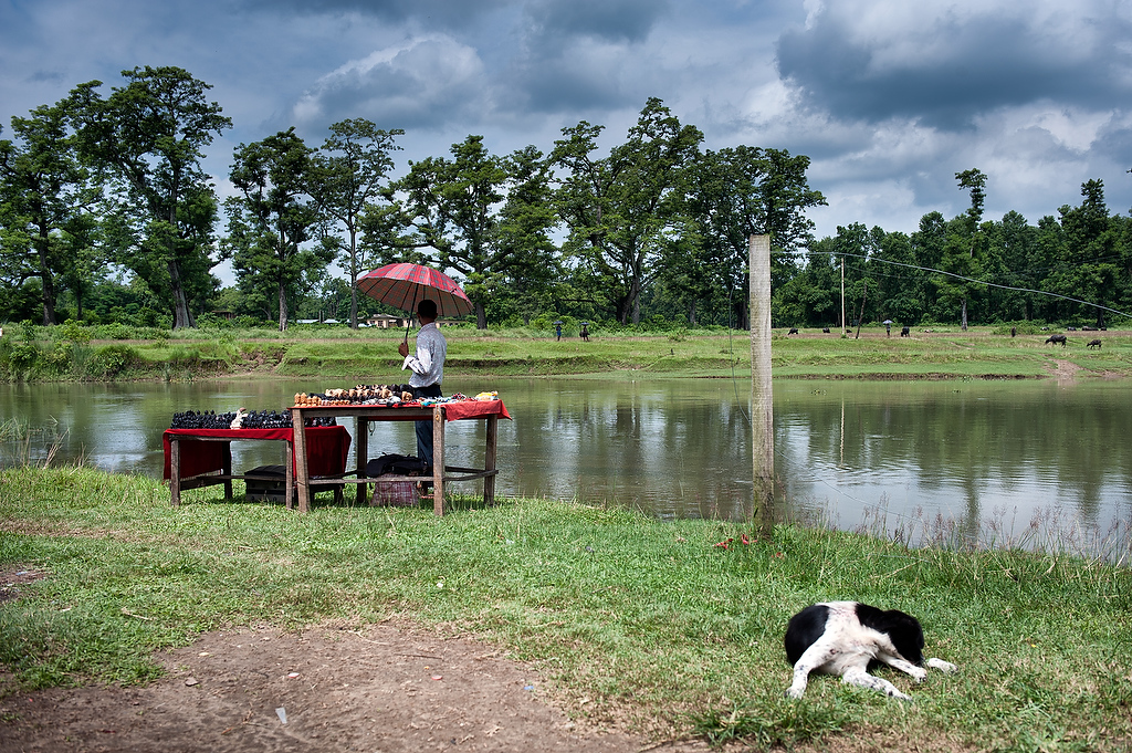 A souvenir seller awaits for the tourists to return from the trekk through Chitwan National park. It is estimated that 200,000 tourists visit National Park every year.