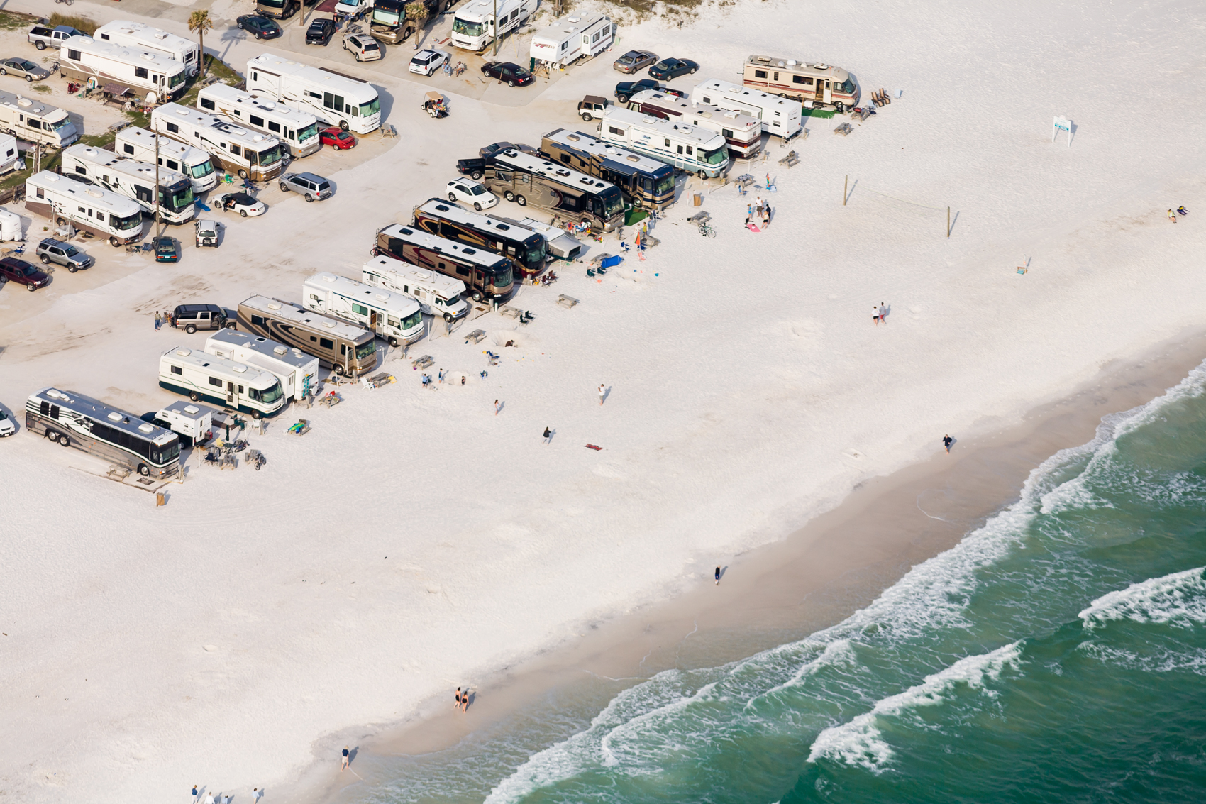 Recreational vehicles, better known as RVs, sit parked along a Florida beach. As of 2007, nearly 8 million U.S. households owned at least one RV.  Typically, the fuel economy of RVs is less than 10 miles per gallon.