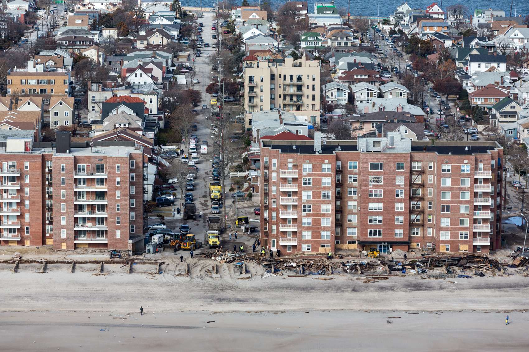 The Rockaway peninsula in Queens, New York, sits between Brooklyn and the Atlantic Ocean. Oceanfront apartments devastated by Hurricane Sandy’s winds, waves, and a subsequent fire in 2012 were cut off from aid due to flooded roads. In recent years, flooded streets from spring tides have trapped residents on a monthly basis.