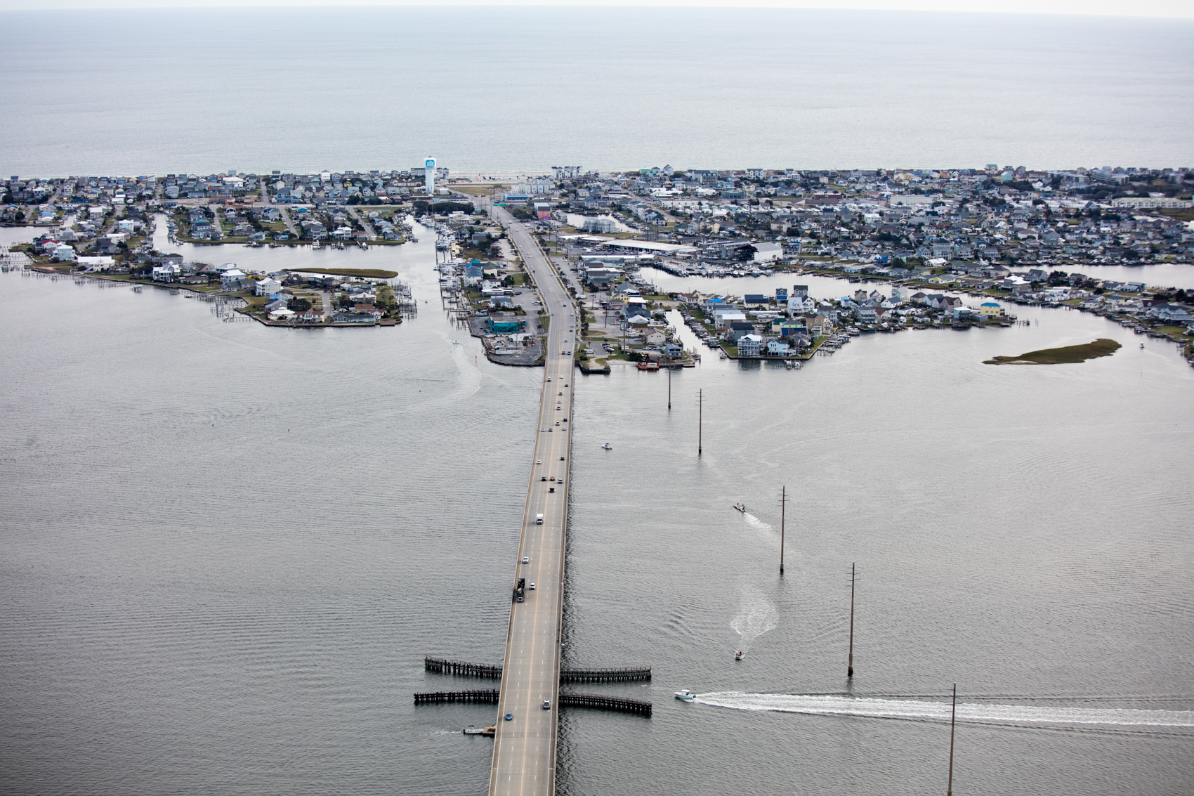 The Atlantic Beach Bridge in Morehead City, North Carolina is one of two bridges that connects the nearly 27 mile long barrier island to the mainland.