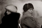 Moscow winter morning commuters looking through steamed bus windows 