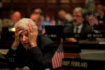 Republican State Representative Carl Dickman holds his head during a marathon budget session at Connecticut'sCapitol that promised to drag on well into the night. 