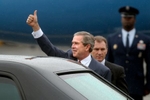 GROTON -- 05/21/03 -- United States President George W. Bush gives the thumbs up after arriving on Air Force One at the Groton-New London Airport on May 21, 2003.  The President was on his way to speak at the U.S. Coast Guard Commencement in New London.  (Tia Ann Chapman/The Hartford Courant).