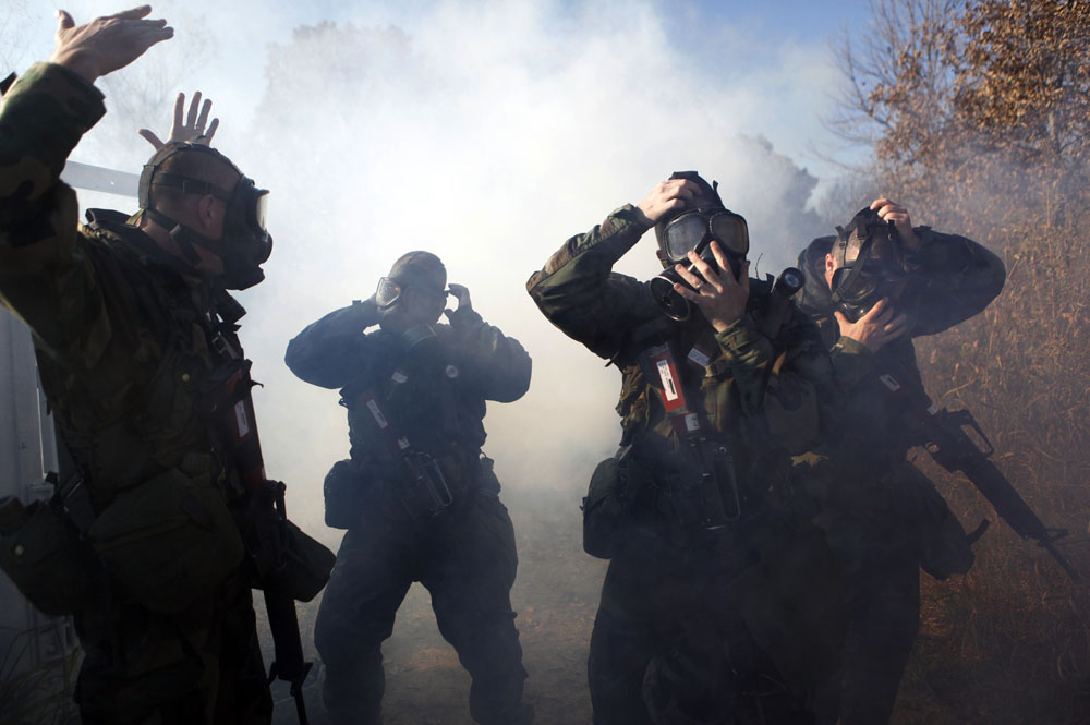 U.S. Army recruits undergo a chemical weapons training session during basic training at the Fort Sill Army Post in Fort Sill, Oklahoma November 5, 2009.