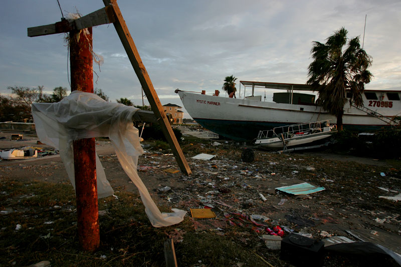 Debris caused by Hurricane Ike is strewn about a trailer park in Galveston, Texas September 14, 2008.