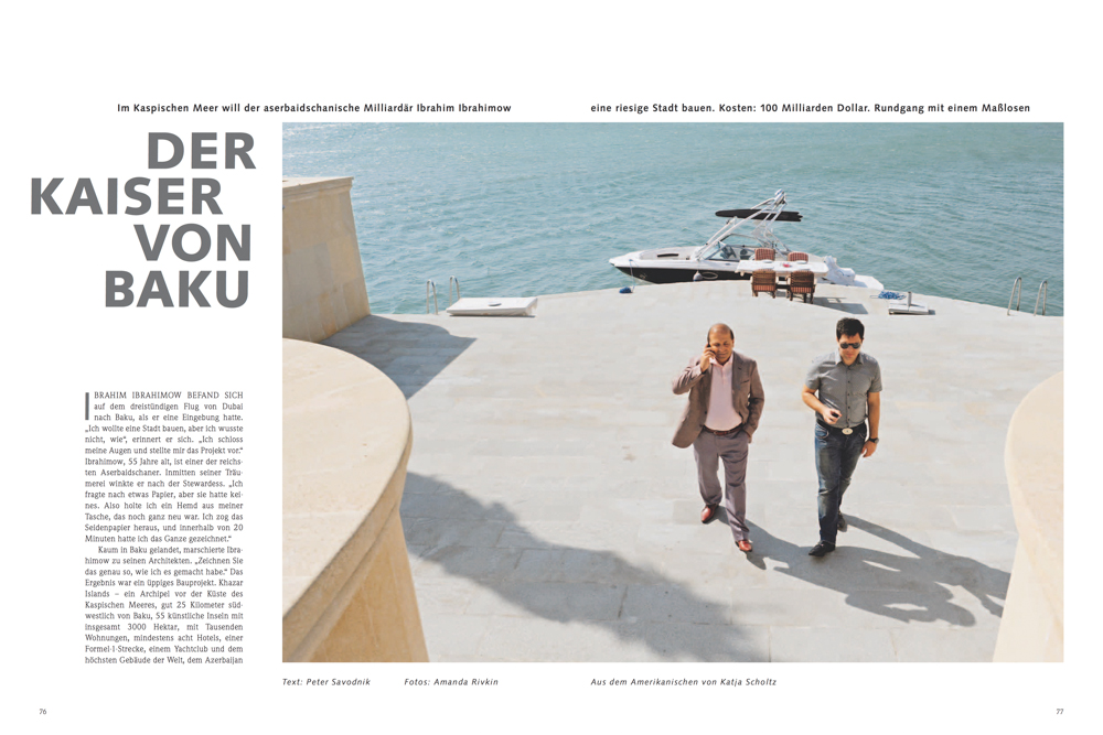 MARE(Germany)Vorherige Doppelseite Milliardär Ibrahim Ibrahimow (links) mit einem Mitarbeiter{quote}Der Kaiser Von Baku,{quote} p. 76-77, August/September 2013.