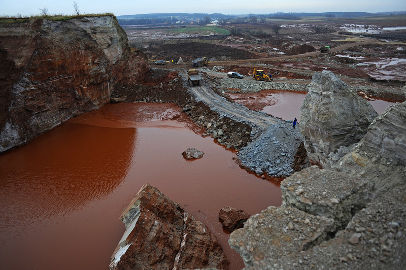 AJKA, HUNGARY.  The rupture in the toxic red alumina sludge reservoir as seen from the top of a remaining piece of the reservoir's wall at the MAL plant on November 22, 2010, that sent a torrent of toxic red alumina sludge pouring into the surrounding countryside, several villages including Kolontar and Devecser and resulted in the death of ten individuals, including a 14 months old baby, injured hundreds and left several families homeless.