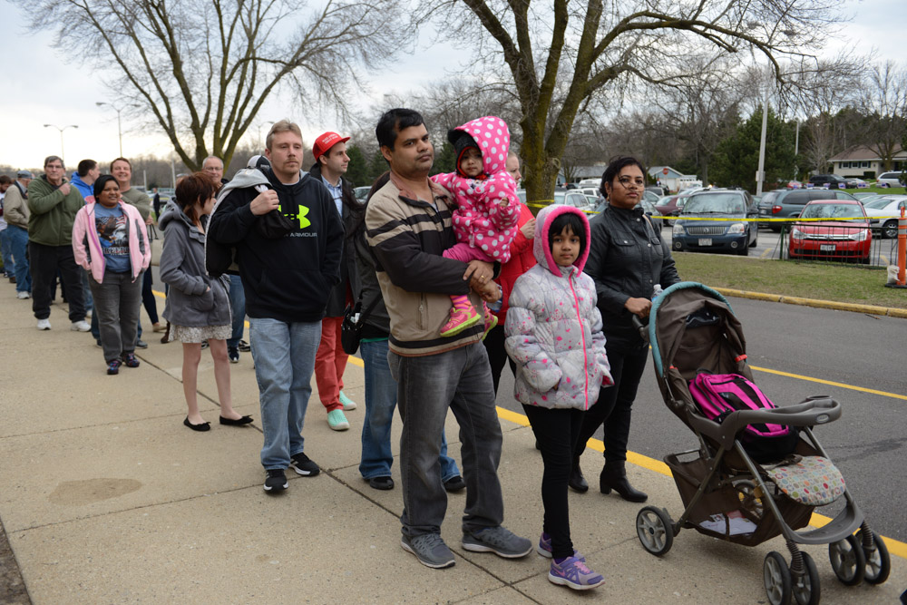 WEST ALLIS, WISCONSIN. The line to be checked by security before entering Donald Trump's campaign event at the Nathan Hale High School on April 3, 2016.