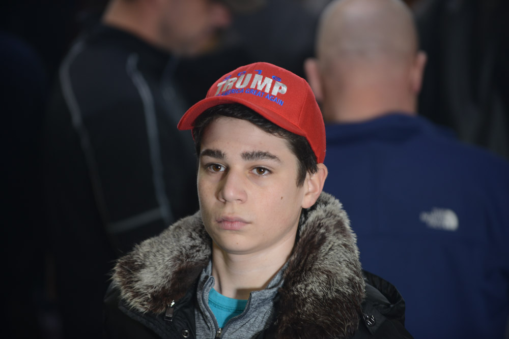 BLOOMINGTON, ILLINOIS.  A Trump supporter inside the Synergy Flight Center to hear Republican front runner Donald Trump speak on March 13, 2016.