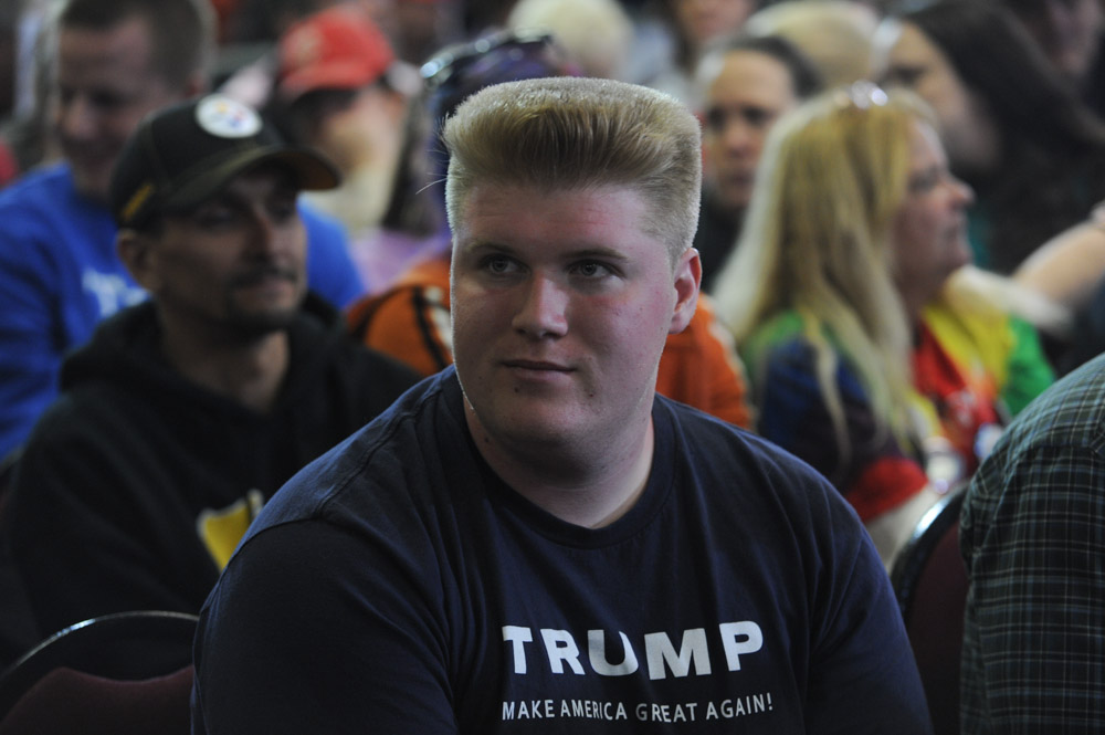 JANESVILLE, WISCONSIN.  A supporter of Republican presidential frontrunner Donald Trump before a town hall at the Holiday Inn Express on March 29, 2016.