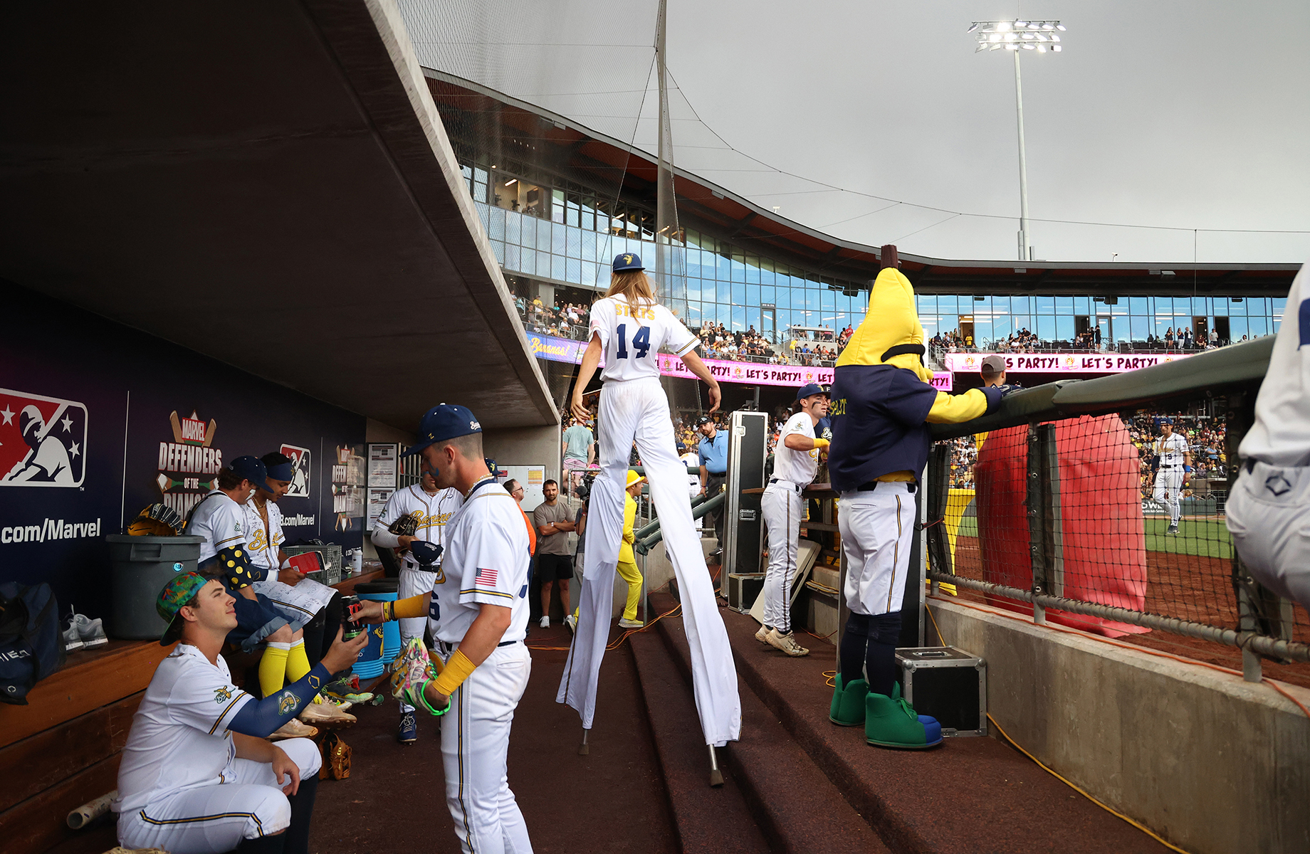 Savannah Bananas’ Dakota Albritton (14) walks in the dugout during the Banana Ball World Tour at the Las Vegas Ballpark Friday, May 19, 2023. Banana ball is a revamped, fast-paced version of baseball that includes dancing and on-field games with fans.