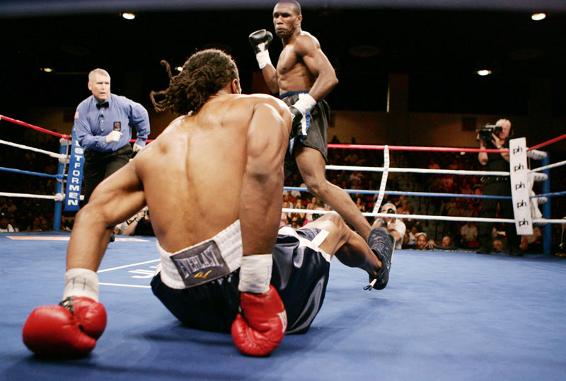 Chris Byrd, of Las Vegas, is knocked down by Shaun George, of Brooklyn, in the first round of the Light Heavyweight bout at Cox Pavilion Friday, May 16, 2008. George won 2:25 in the 9th round by TKO.