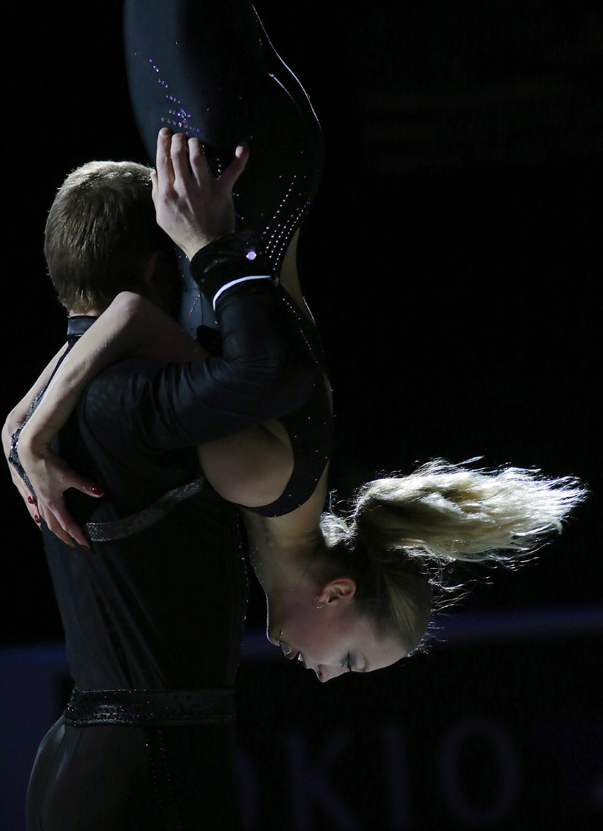Aleksandra Boikova and Dmitrii Kozlovskii, of Russia, perform in an exhibition skate at the Skate America figure skating event.