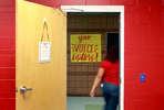 A sign is shown on the hallway during the Nevada Democratic Caucuses at Liberty High School Saturday, Feb. 22, 2020, in Henderson, Nevada. (Ronda Churchill /The Nevada Independent) 