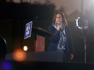 Democratic vice presidential candidate U.S. Senator Kamala Harris (D-Calif.) speaks and is shown in a haze of a spotlight at a voter mobilization event, Tuesday, October 27, 2020, in Las Vegas. The campaign stop is one week prior to Election Day. (Photo by Ronda Churchill/AFP)