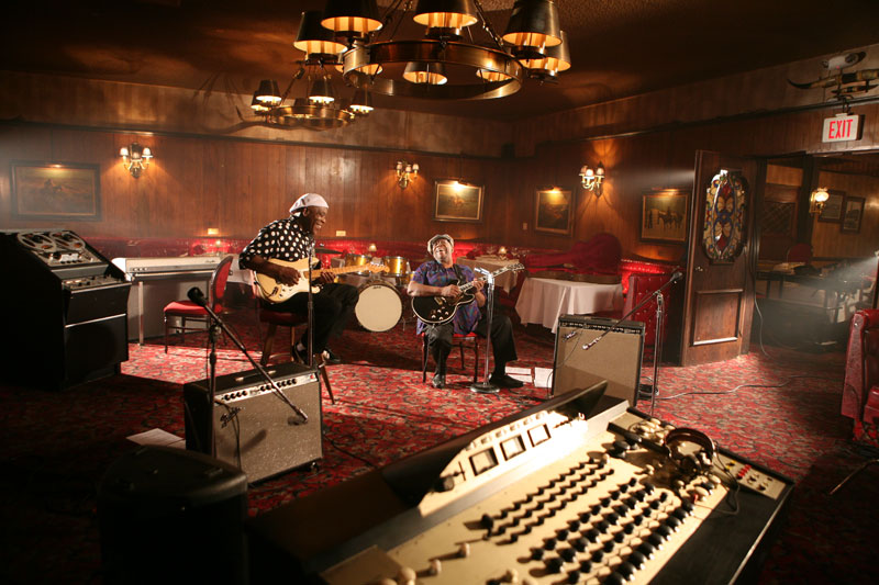 Blues legends Buddy Guy and B.B. King perform a jam session for a music video at the Golden Steer steak house in Las Vegas.