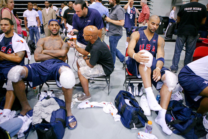 Utah Jazz’s Deron Williams, left to right, Cleveland Cavaliers’ LeBron James and Utah Jazz’s Carlos Boozer relax and speak to the media after participating in a USA Men’s Basketball practice at Cox Pavilion in Las Vegas.