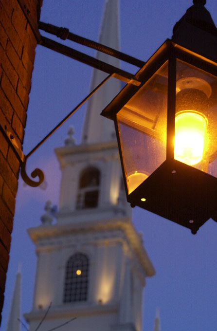 © 2010 Harvard University. Memorial Church framed by lamp, Harvard University.