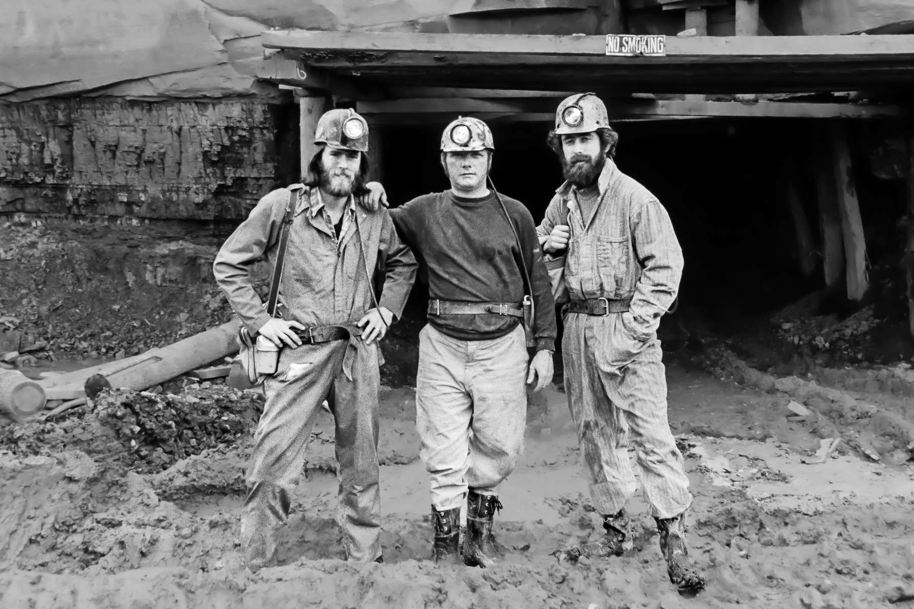 The photographer, left, with coal miner Don Shelton, center, and friend at Elkin Mine #6 in Norton, VA , 1978. 