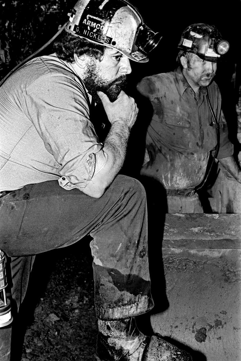 Gary Nickles, left, and fellow coal miner on graveyard shift, Twilight, WVA, 1978. Jon Chase photo