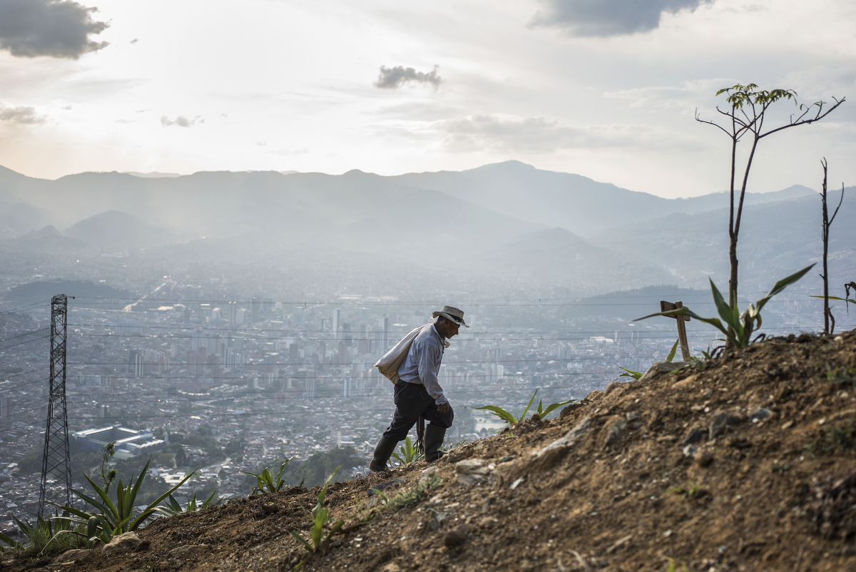A campesino walks along the hillside just off the completed portion of the 46-mile long concrete bike/walk {quote}greenbelt{quote} surrounding the entire valley intended to curb urban sprawl. However the residents of the top of Comuna 8 say that the city basically poured concrete over an existing path created by them. {quote}The concrete makes your feet more tired then the dirt path,{quote} said one resident. Many residents are displaced campesinos from the half-century long conflict.