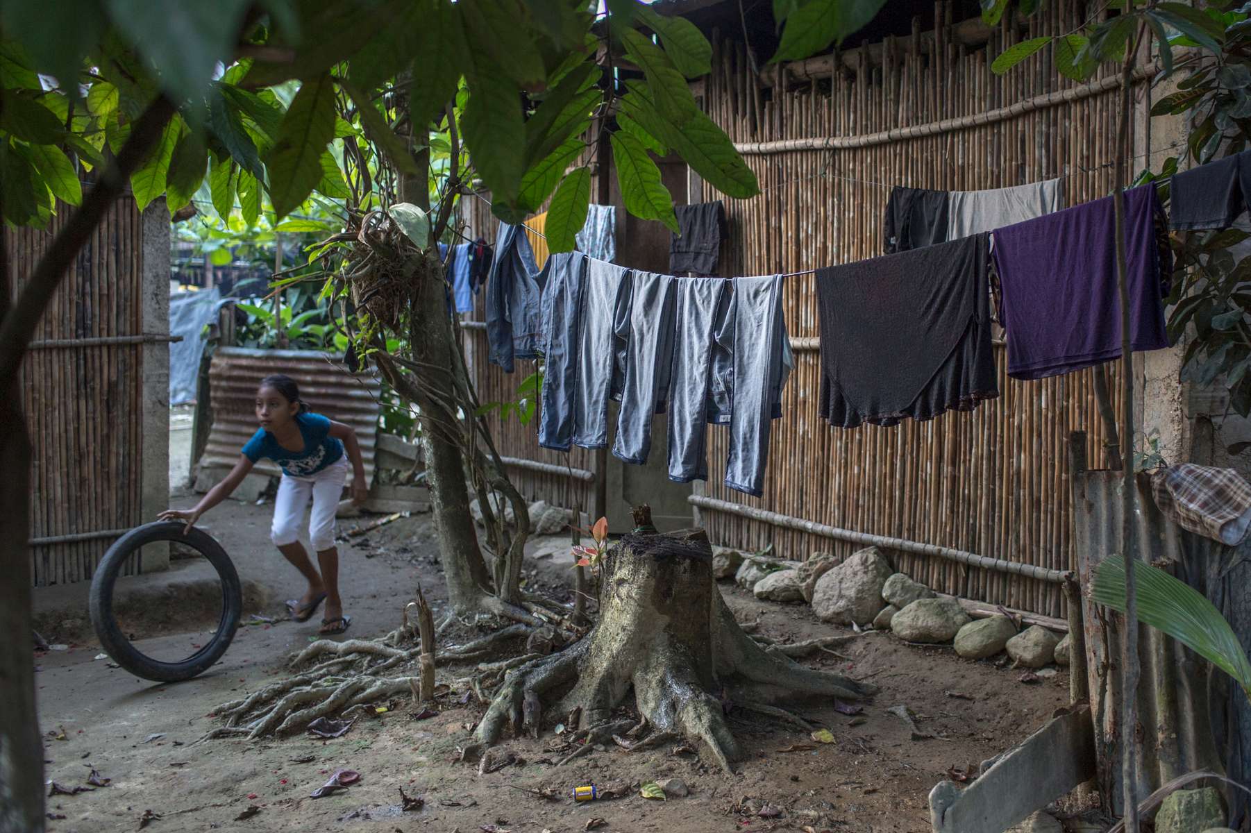 IZABAL, GUATEMALA. February 13, 2018 – A woman hangs laundry in the shadow of a palm oil plantation. Indigenous Maya Q'eqchi communities such as Chapin Abajo along Lake Izabal in eastern Guatemala, have no state presence. There is no police. Only a palm oil company provides jobs and health services. In the last 20 years, palm oil plantations in the region replaced former cattle ranches and has exacerbated the struggle for land rights in the Polochic Valley. 