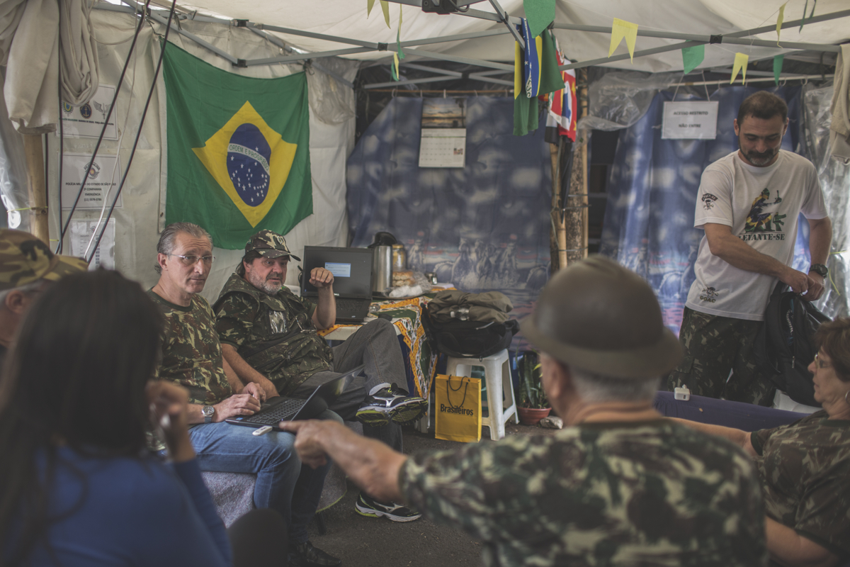 Members of the Brazilian Interventionist Resistence Movement (MBRI) meet at their headquarters.