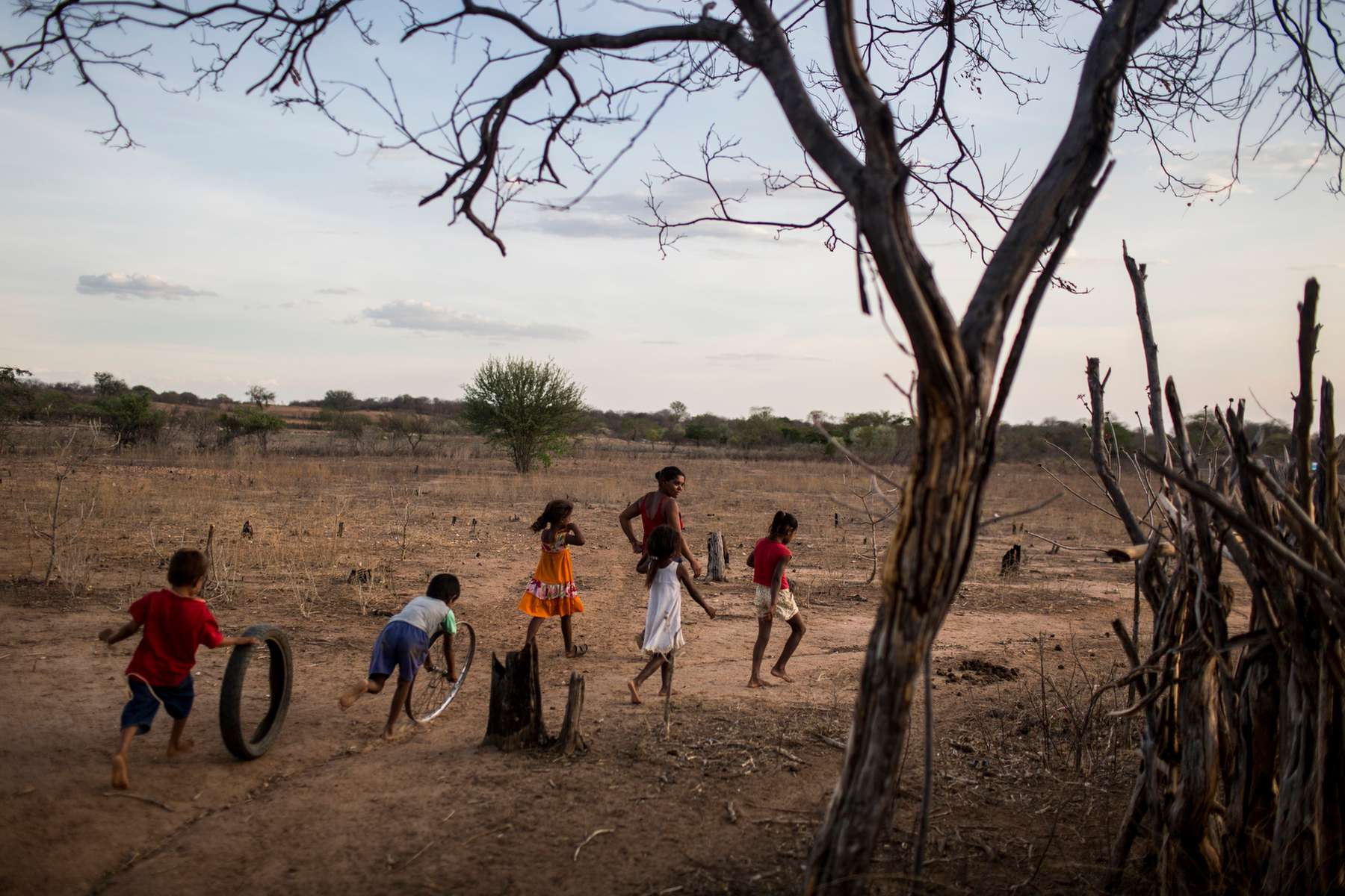 Campo Alegre de Lourdes, Bahia, Brazil. Saturday, Nov. 14, 2015.A subsistence farming family walks to a pond where they collect water in Bahia state, Brazil, on Saturday, Nov. 14, 2015. The region suffered from the most severe drought in 50 years, killing livestock and crops. Water levels in the pond dropped so low that it was too dirty to drink. Although farming families receive a national anti-poverty cash welfare program, Bolsa Familia, they still suffer from chronic malnutrition, food shortages, and limited access to water. In the semi-arid region of Northeast Brazil, known as the Sertão, subsistence farmers, who grow enough food to feed their families, have long lived with water shortages and erratic rainfall. However, since 2013, the drought has been the worst in the last 50 years, killing livestock and crops and turning soil into salty sand due to desertification creeping along in its wake. 