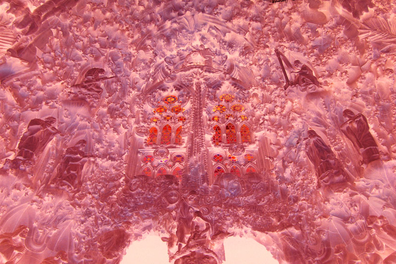 Ilfochrome print - Ed. 2 + 1APMounted face-in 1/4{quote} Plexiglas122 x 183 cm (48 x 72 {quote})In the middle of the main facade of the Sagrada Familia, Mary and Joseph dote over the infant Jesus in a chorus of harps, violins, and wind instruments. The face of the Holy Mother is aglow with light.