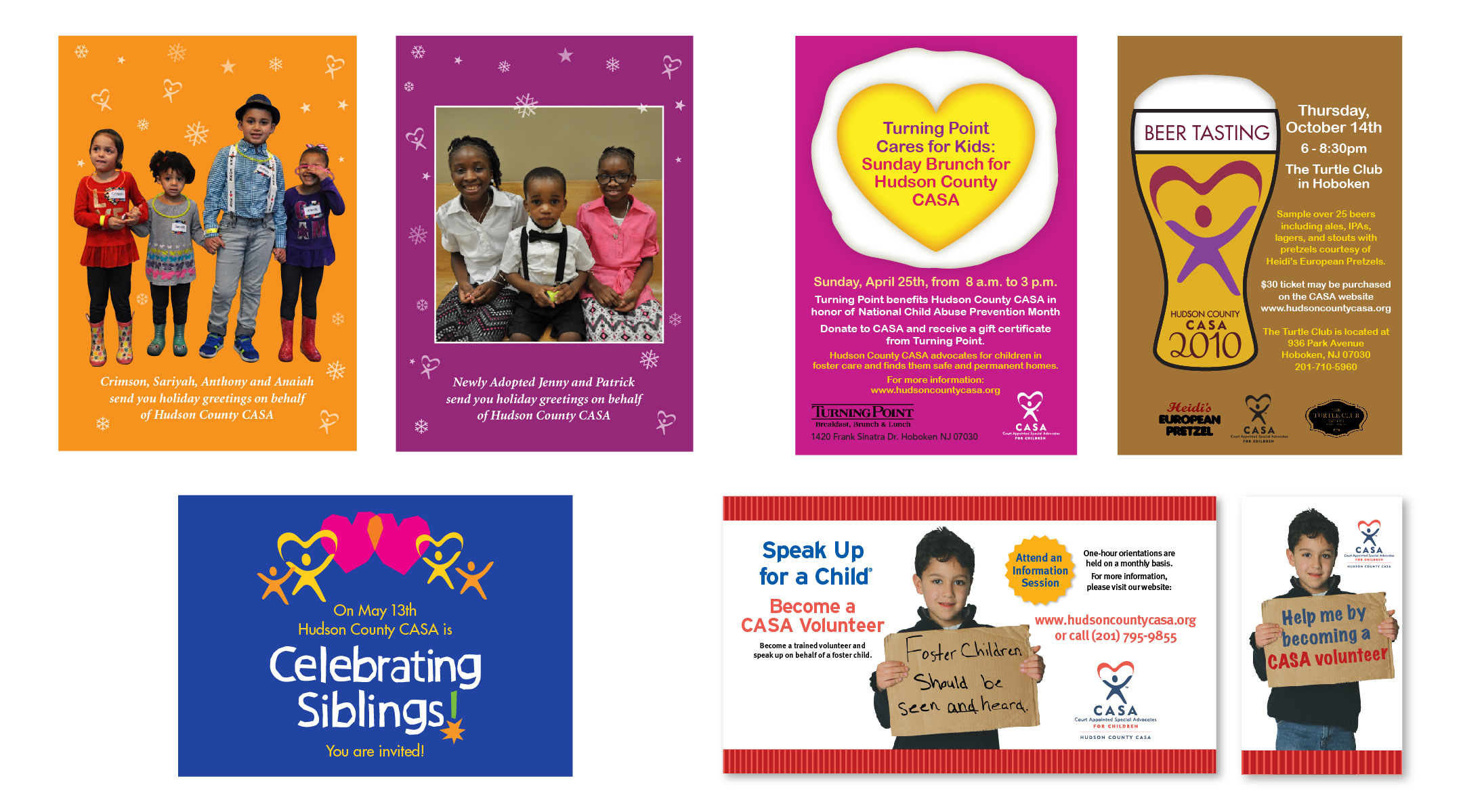 Holiday Cards, event inviations and banner ads for Hudson County CASA (Court Appointed Special Advocates), a non-profit organization committed to advocating for the best interests of abused and neglected children.