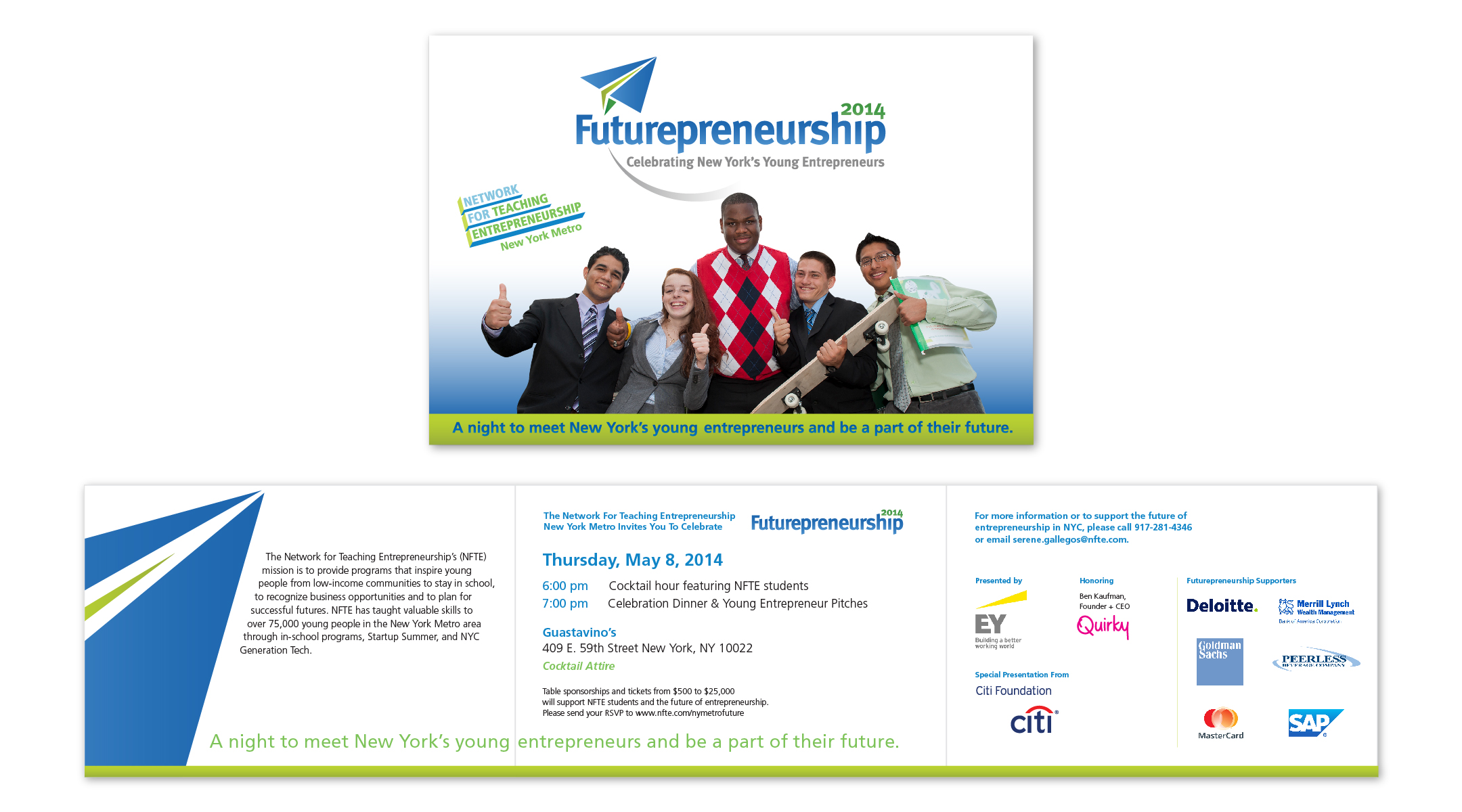 Gala invitation for the Futurepreneurship Gala, held at Cipriani in NYC. Futurepreneurship is a unique NFTE (Network for Teaching Entrepreneurship) program that encourages young adults in NYC to create their own businesses with the help of NFTE partnerships and corporate mentorship.