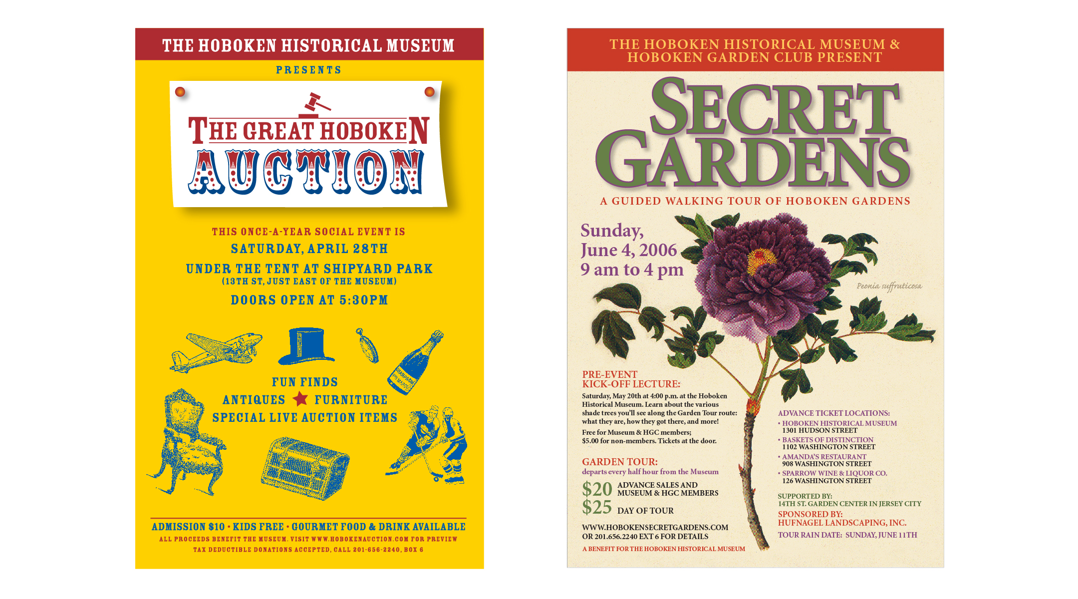 Auction and Secret Garden fundraising events posters for the Hoboken Historical Museum.