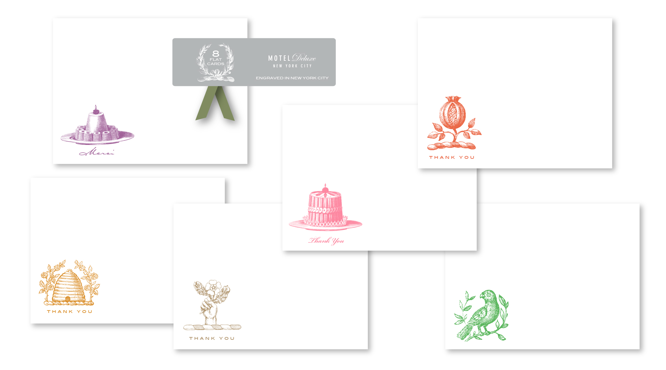 A suite of engraved thank you notes created for Motel Deluxe.