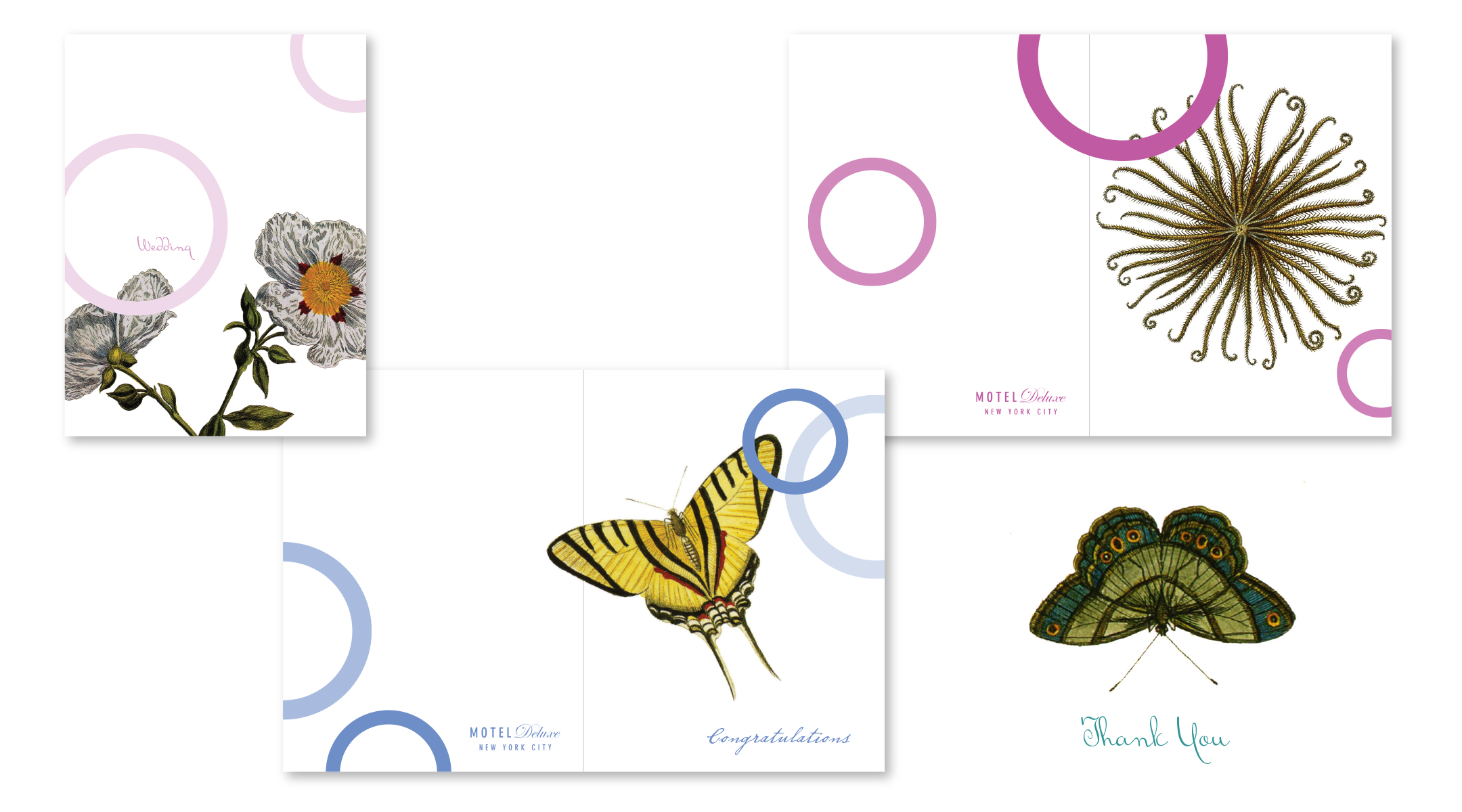A suite of nature greeting cards created for Motel Deluxe.